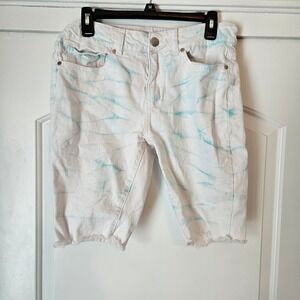 Kreamy Women's Bermuda Shorts White & Blue Tie‎ Dye Frayed Hem Size M